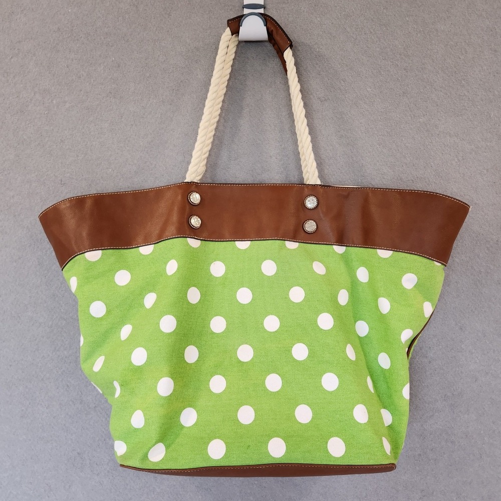 Liz Claiborne Polka Dot Tote Bag Green Leather Trim Rope Handles Expandable‎
